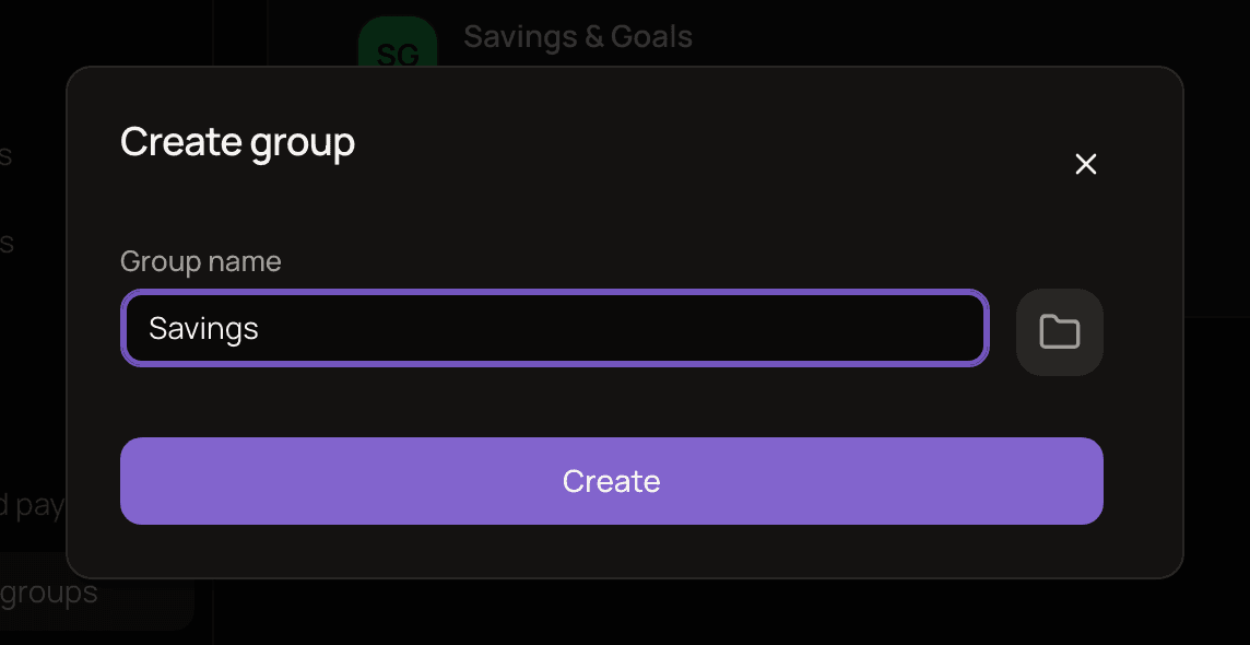 The Create group dialog with the name Savings entered in the Group name field.