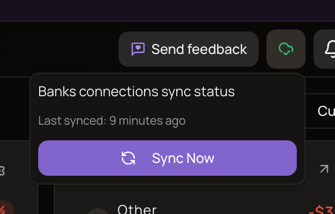 The Banks connections sync status popover opened from the header, showing when the accounts last synced and the Sync Now button.