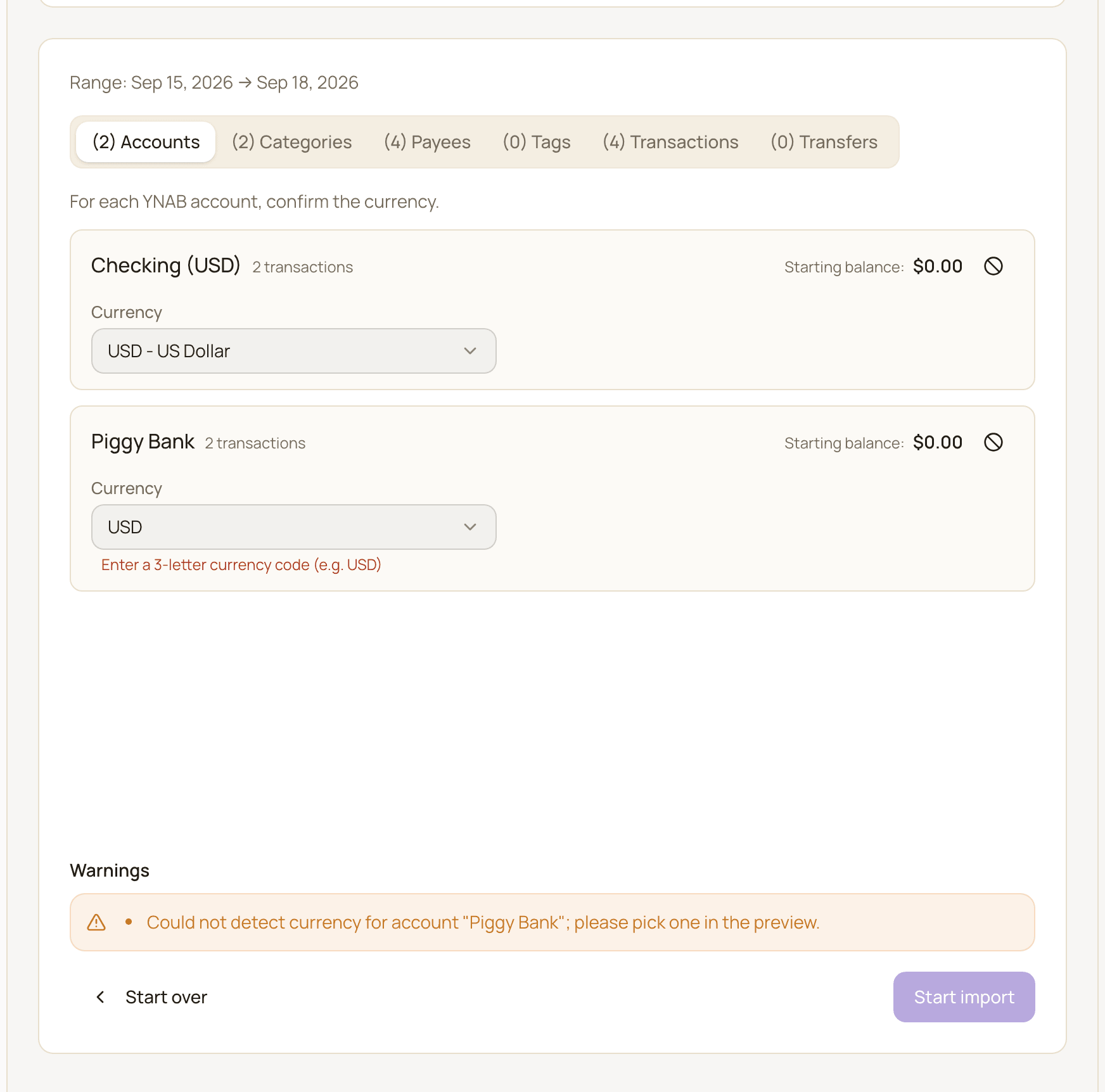The Review step of the YNAB importer with the Accounts tab open, showing each account's currency field and starting balance.