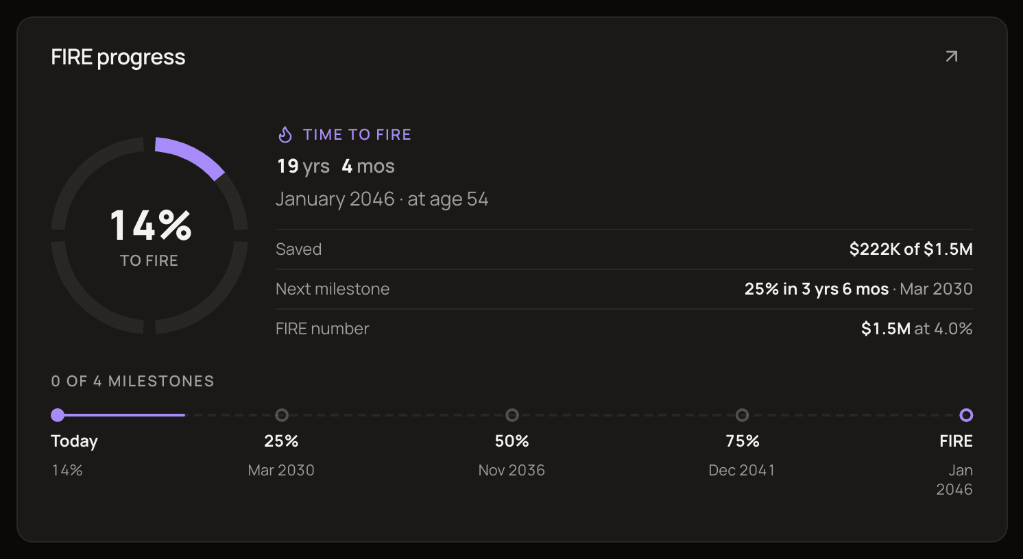 The FIRE progress widget at 2×1 in the Ring style: a 14% ring, Time to FIRE of 19 yrs 4 mos (January 2046 at age 54), the Saved, Next milestone and FIRE number rows, and a milestone line from Today to FIRE.