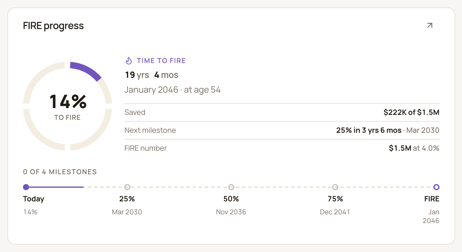The FIRE progress widget at 2×1 in the Ring style: a 14% ring, Time to FIRE of 19 yrs 4 mos (January 2046 at age 54), the Saved, Next milestone and FIRE number rows, and a milestone line from Today to FIRE.