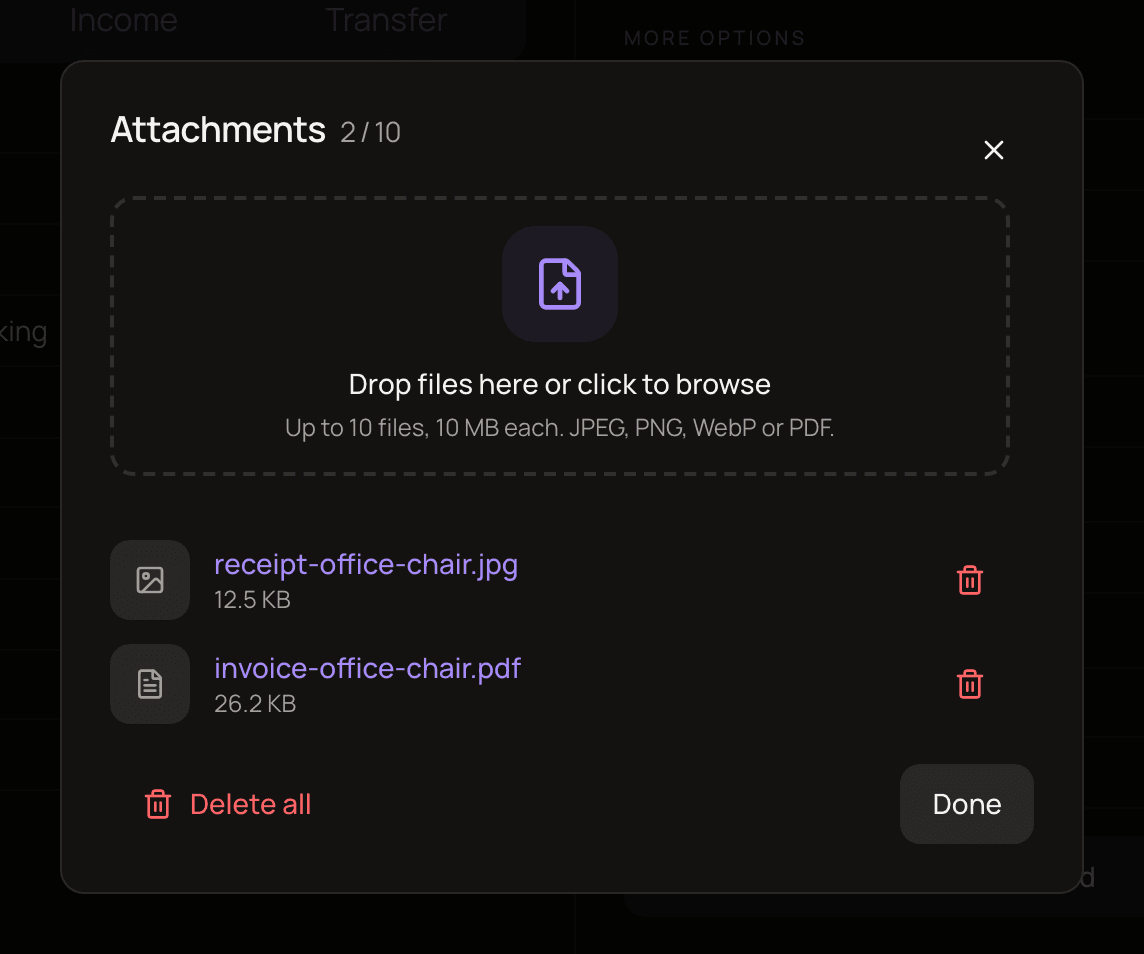 The Attachments window with a receipt photo and a PDF invoice, and a counter showing 2 of 10 files.