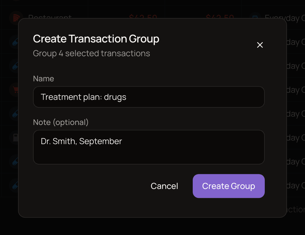 The Create Transaction Group dialog for 4 selected transactions, with the name Treatment plan: drugs and the note Dr. Smith, September filled in.