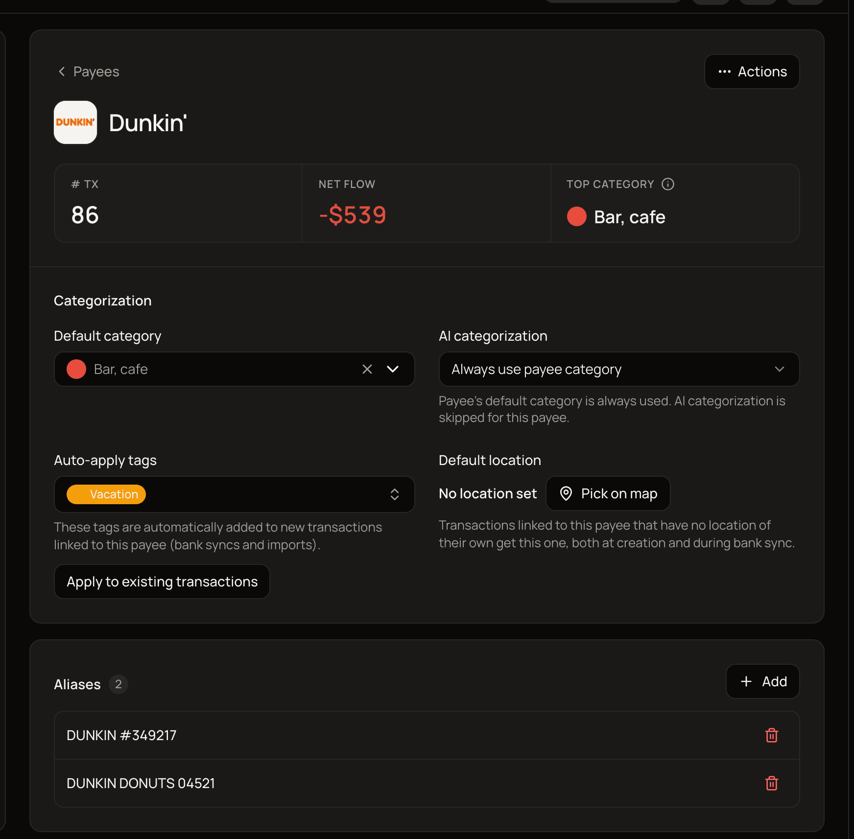 A payee's page with its transaction count, net flow and top category, the Categorization section with a default category and auto-apply tags, and two aliases.