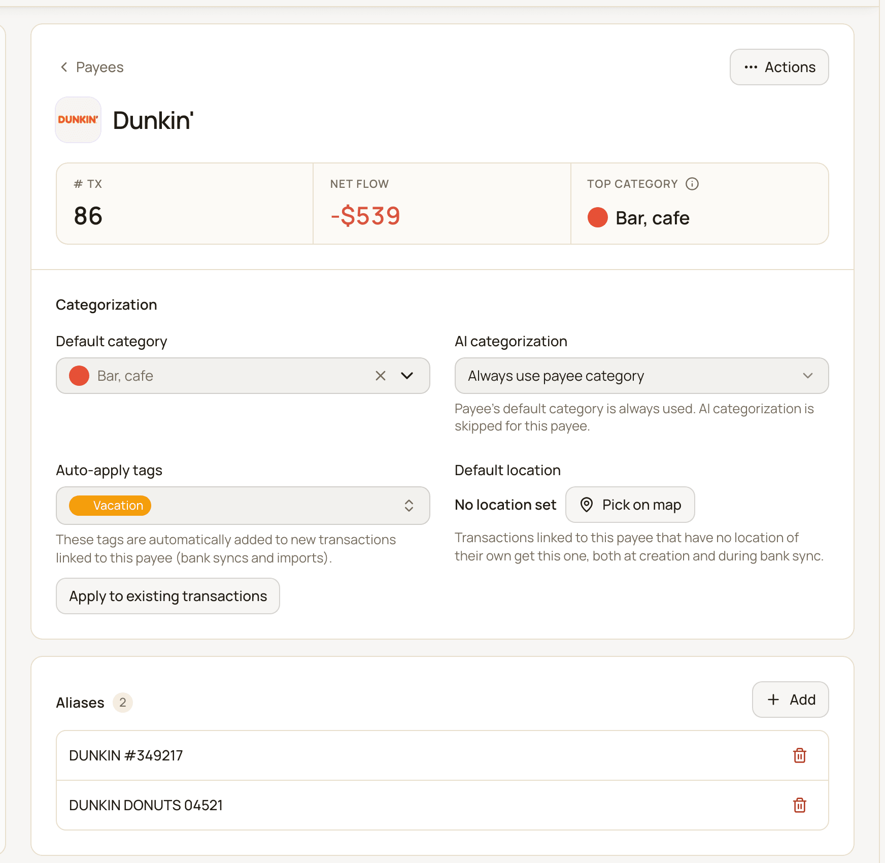 A payee's page with its transaction count, net flow and top category, the Categorization section with a default category and auto-apply tags, and two aliases.