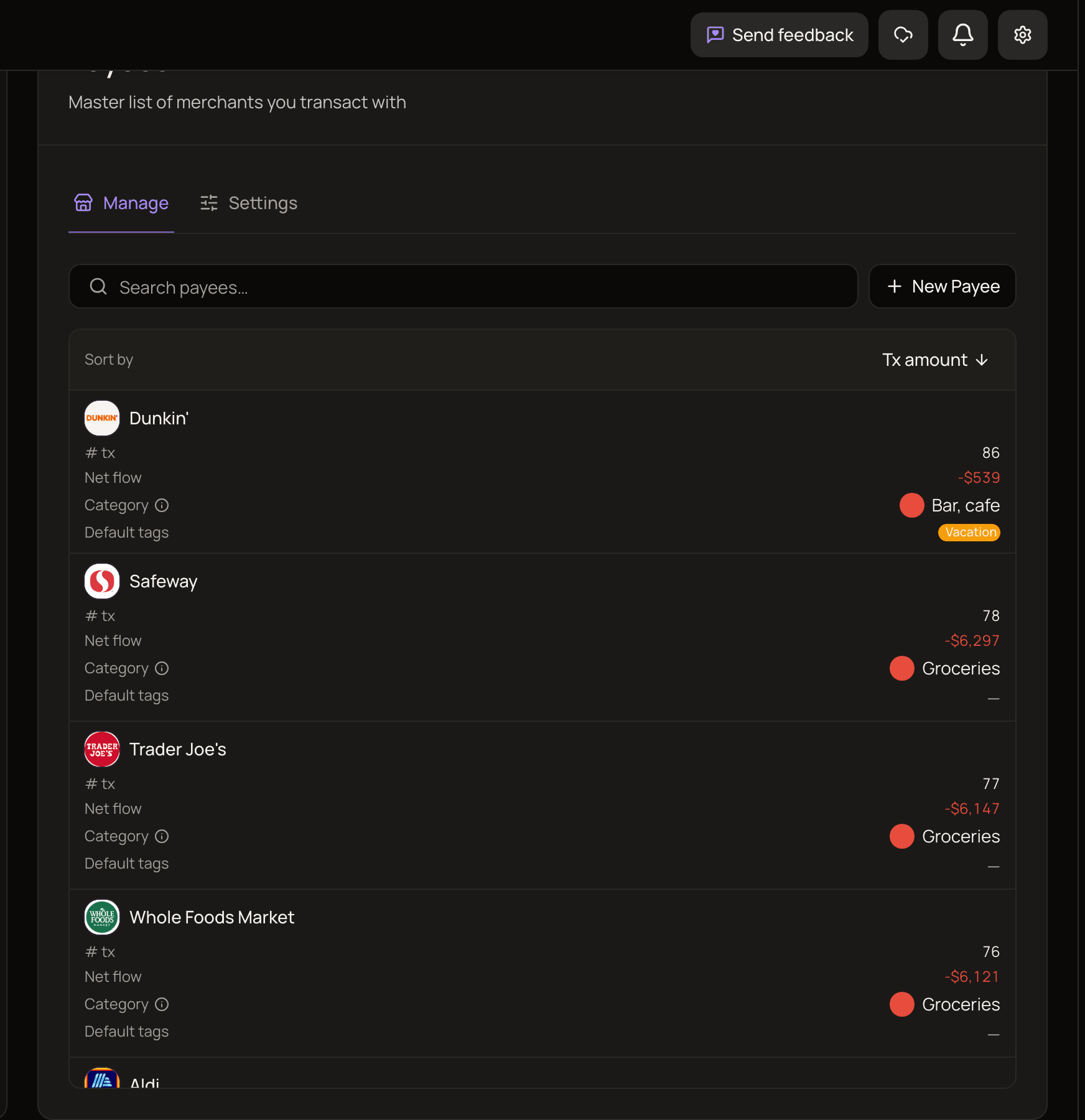 The Manage tab of the Payees page, listing several payees with their transaction counts, net flow, category and default tags.