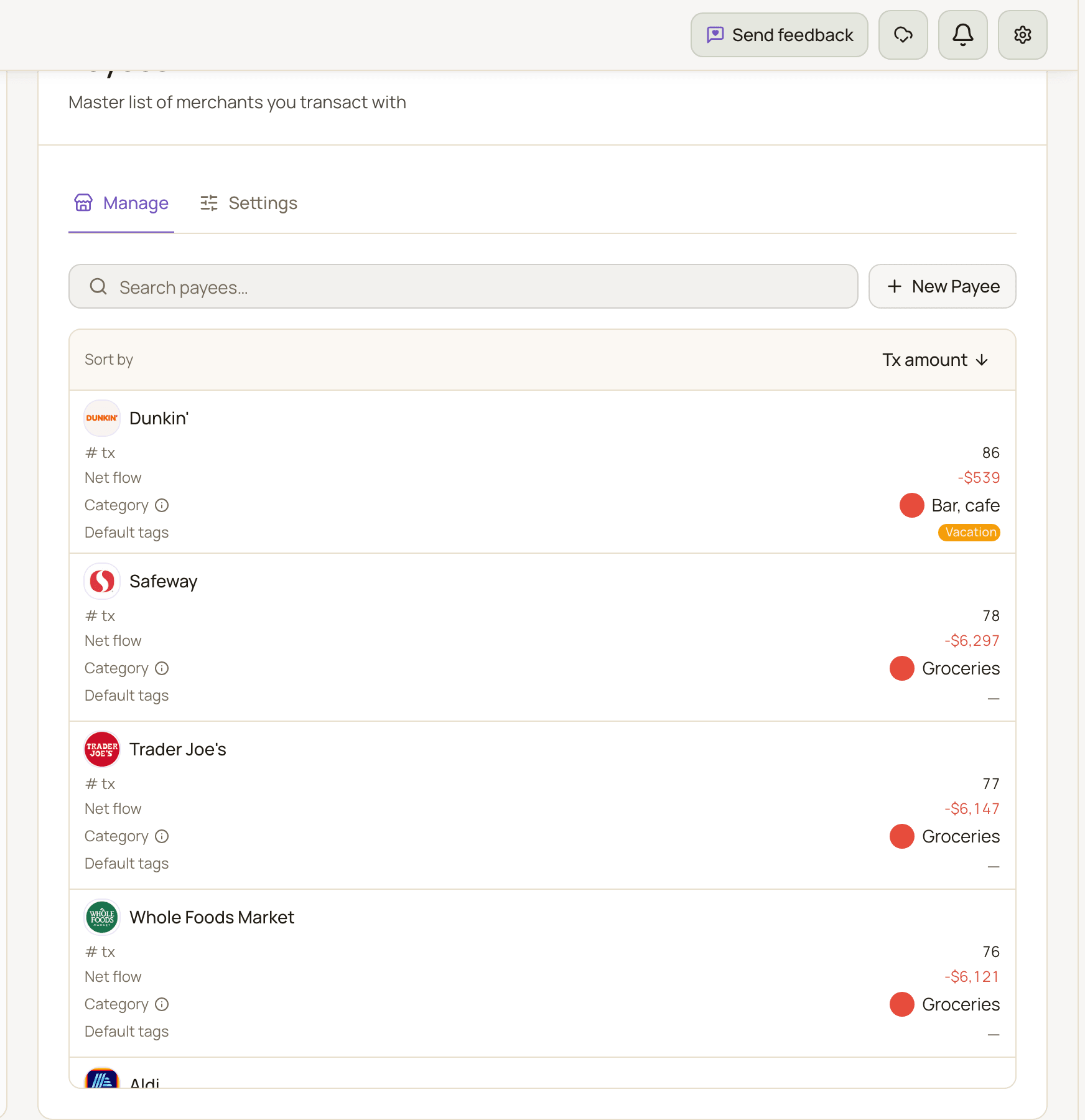 The Manage tab of the Payees page, listing several payees with their transaction counts, net flow, category and default tags.