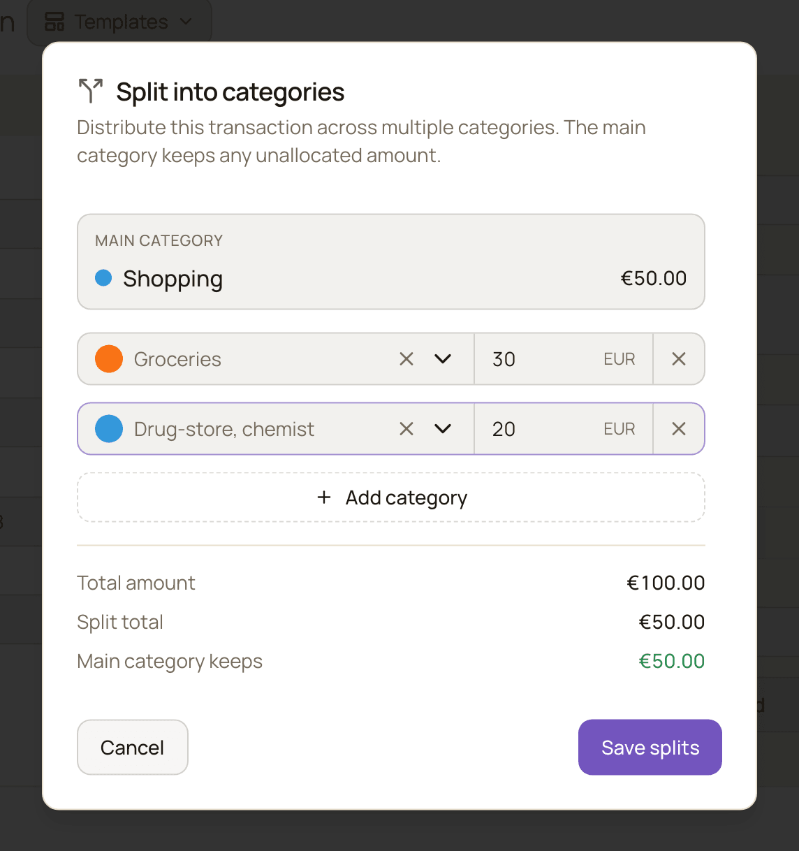 The Split into categories window for a 100.00 expense, with Groceries 30 and Drug-store, chemist 20 split off and the main category keeping 50.00.