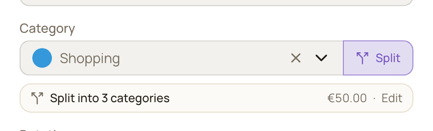 The transaction form after splitting, with the Split into 3 categories button and the split total under the Category field.