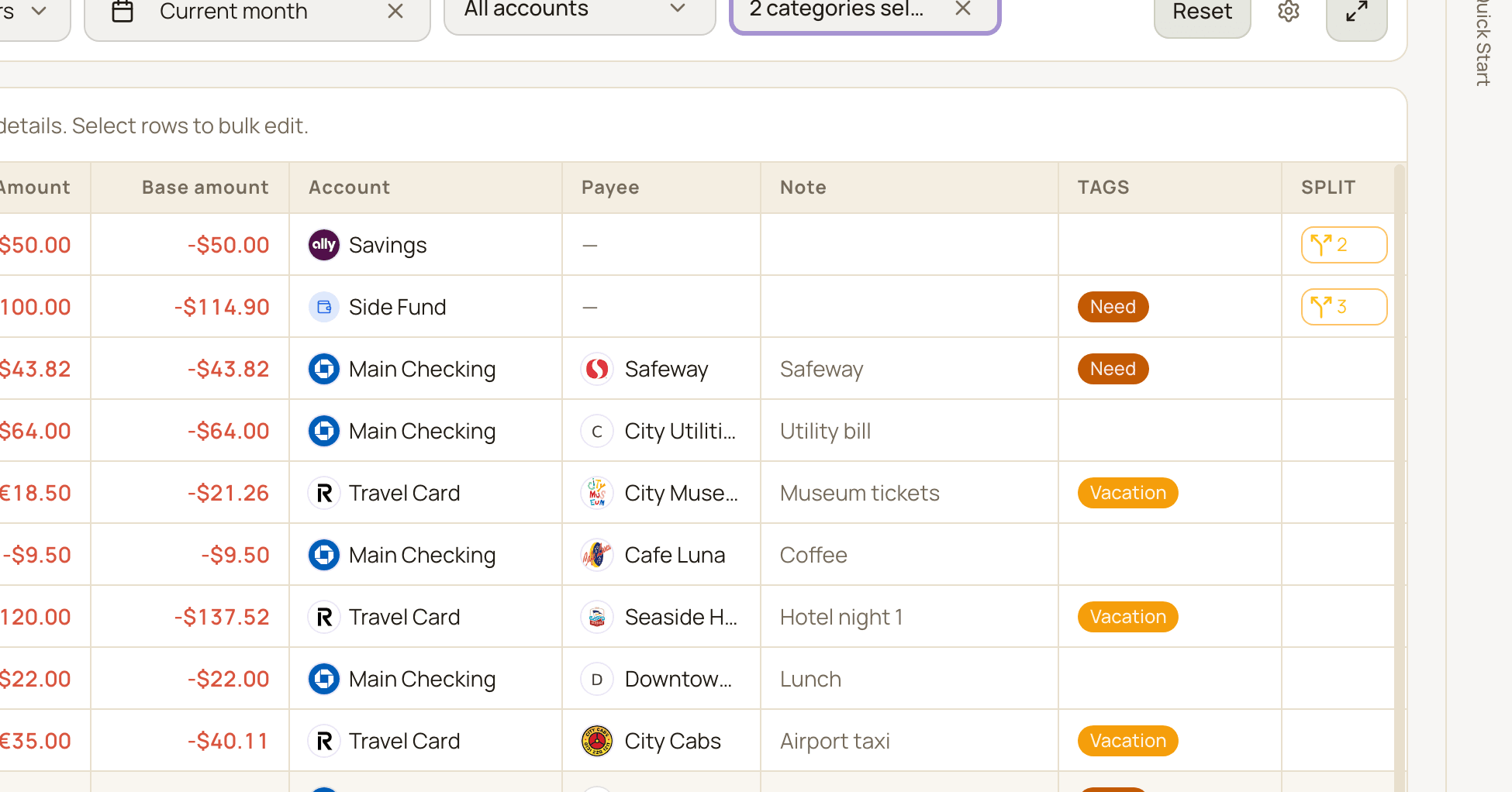 The All Transactions page in table view, with the date filter set to This month, one category filter active, and rows showing split and tag details.