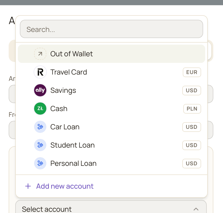 The To account dropdown open on the Transfer tab, with Out of Wallet listed first above the user's accounts and loans.
