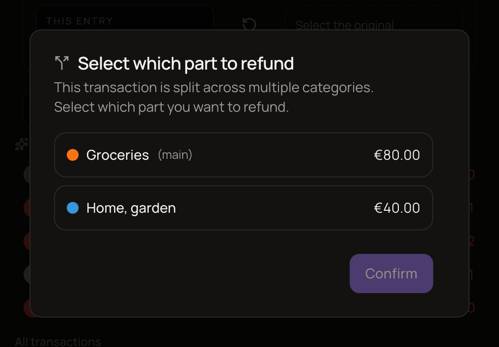The Select which part to refund dialog, listing the main category (Groceries, marked (main)) with its remaining amount and a split category (Home, garden), with the Confirm button.